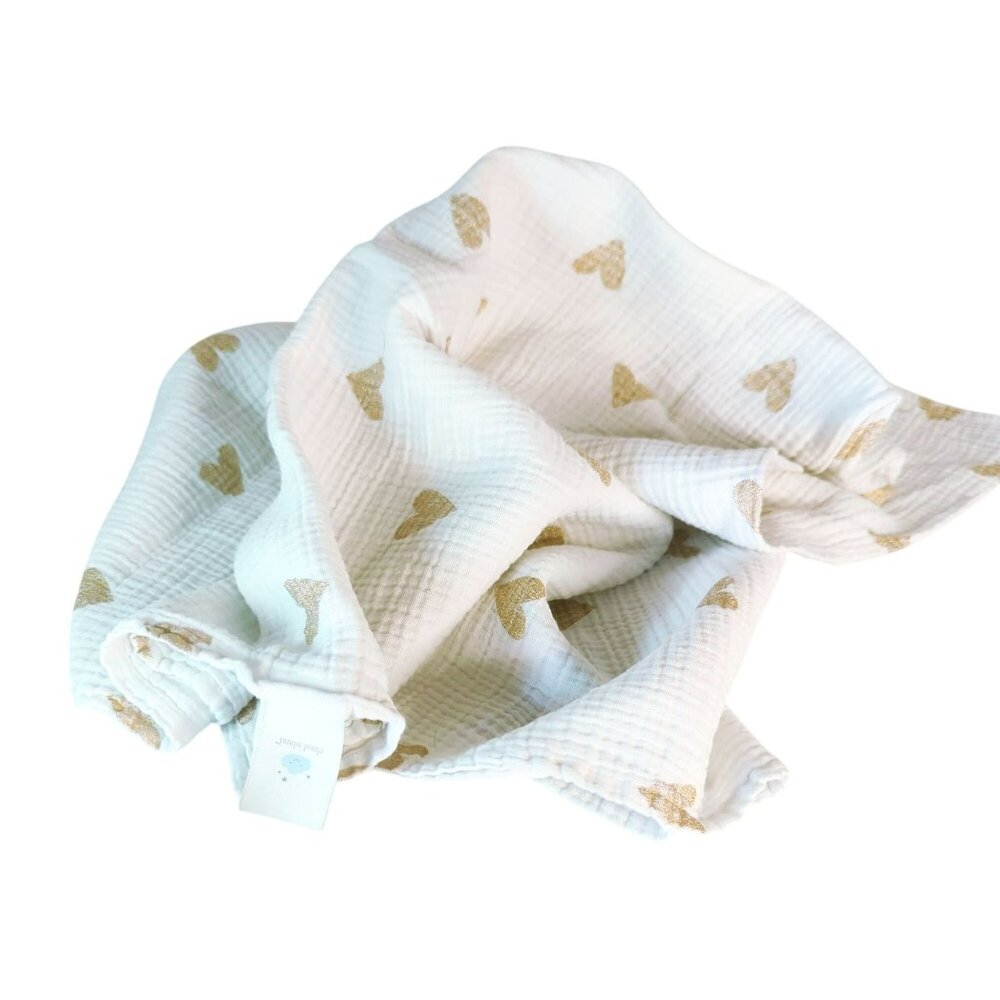 Cloud Island Baby Blanket Gold Hearts White Cotton Muslin Swaddle Lovey 42"x47"